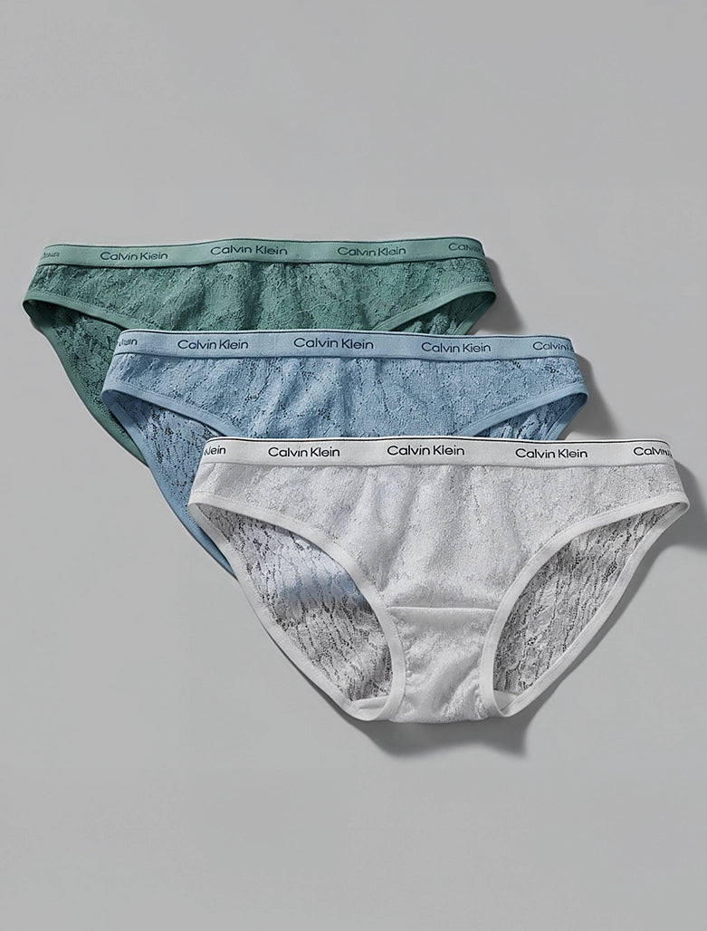 Calvin Klein | Icon Logo Lace 3 Pack Bikini Briefs | Slate Tuqouis/ Frozen Fjord/ White