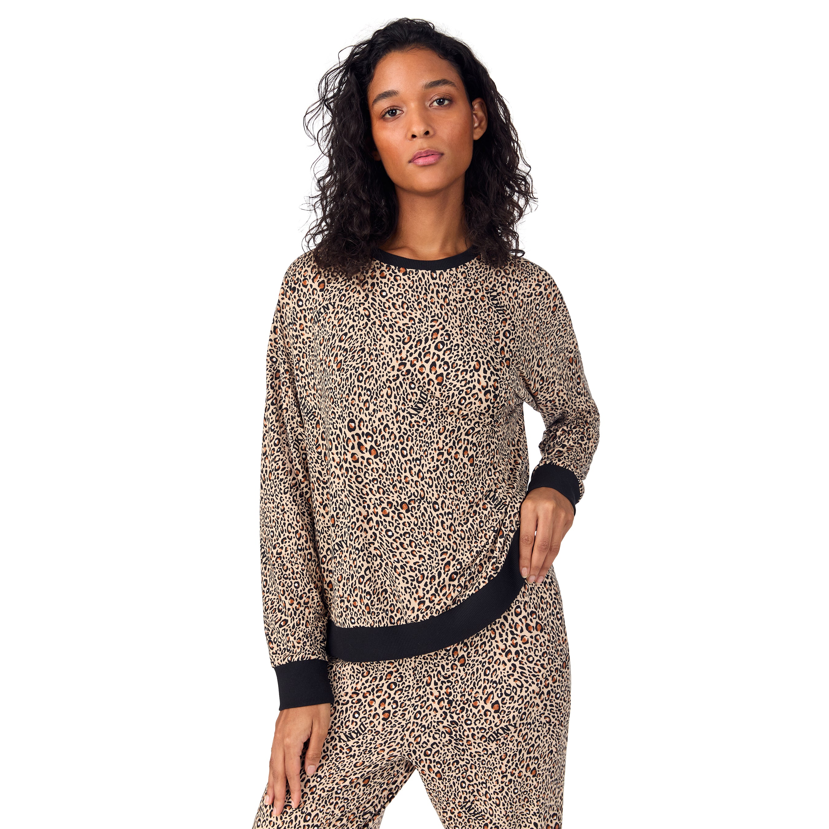 DKNY | Long Top & Jogger Sleep Set | Tan Cheetah Logo