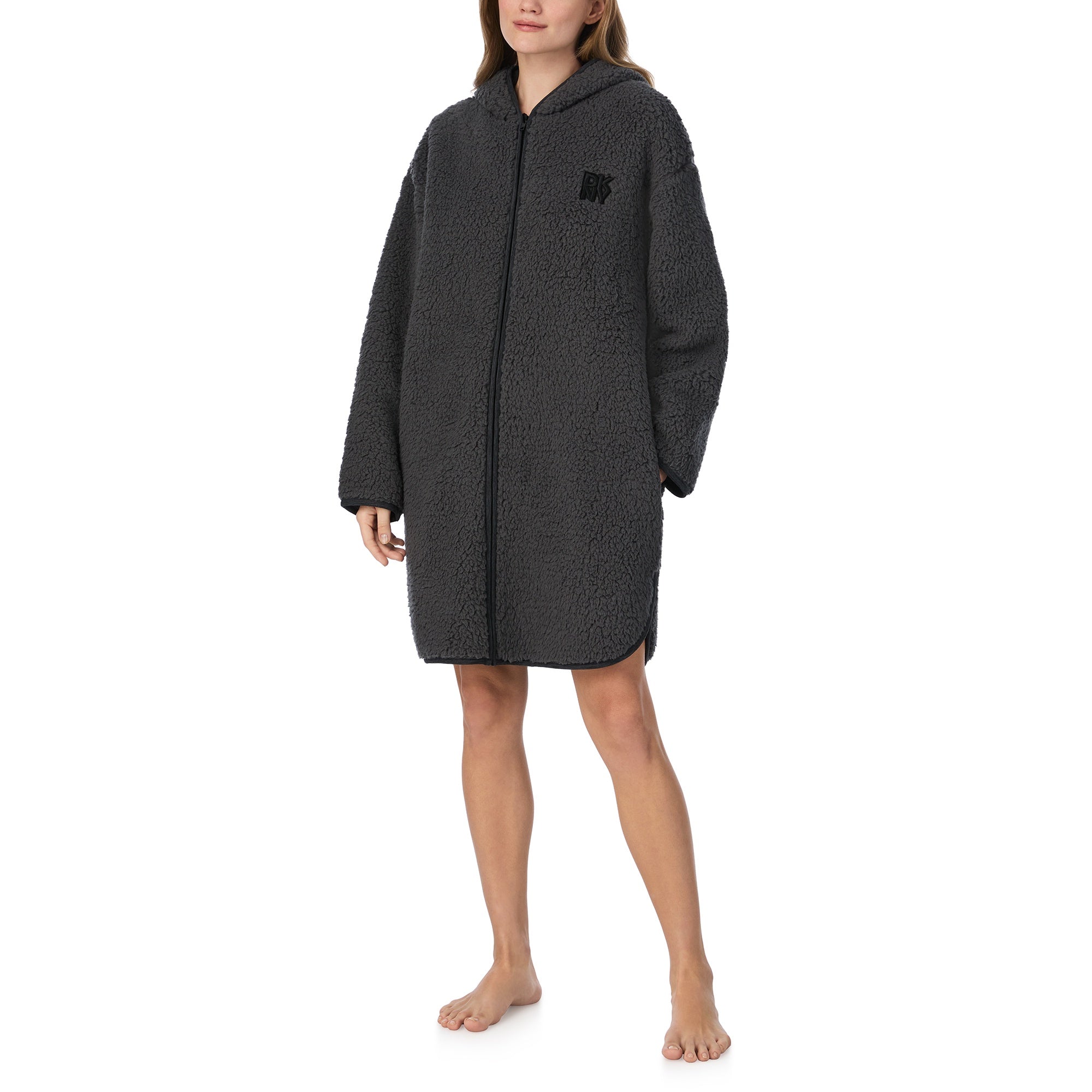 DKNY | Chill In Style Hooded Short Zip Robe | Dark Grey