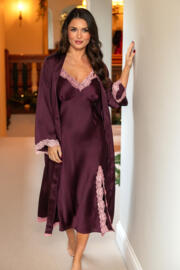 Pour Moi | Dusk Satin and Lace Kimono Sleeve Dressing Gown | Wine