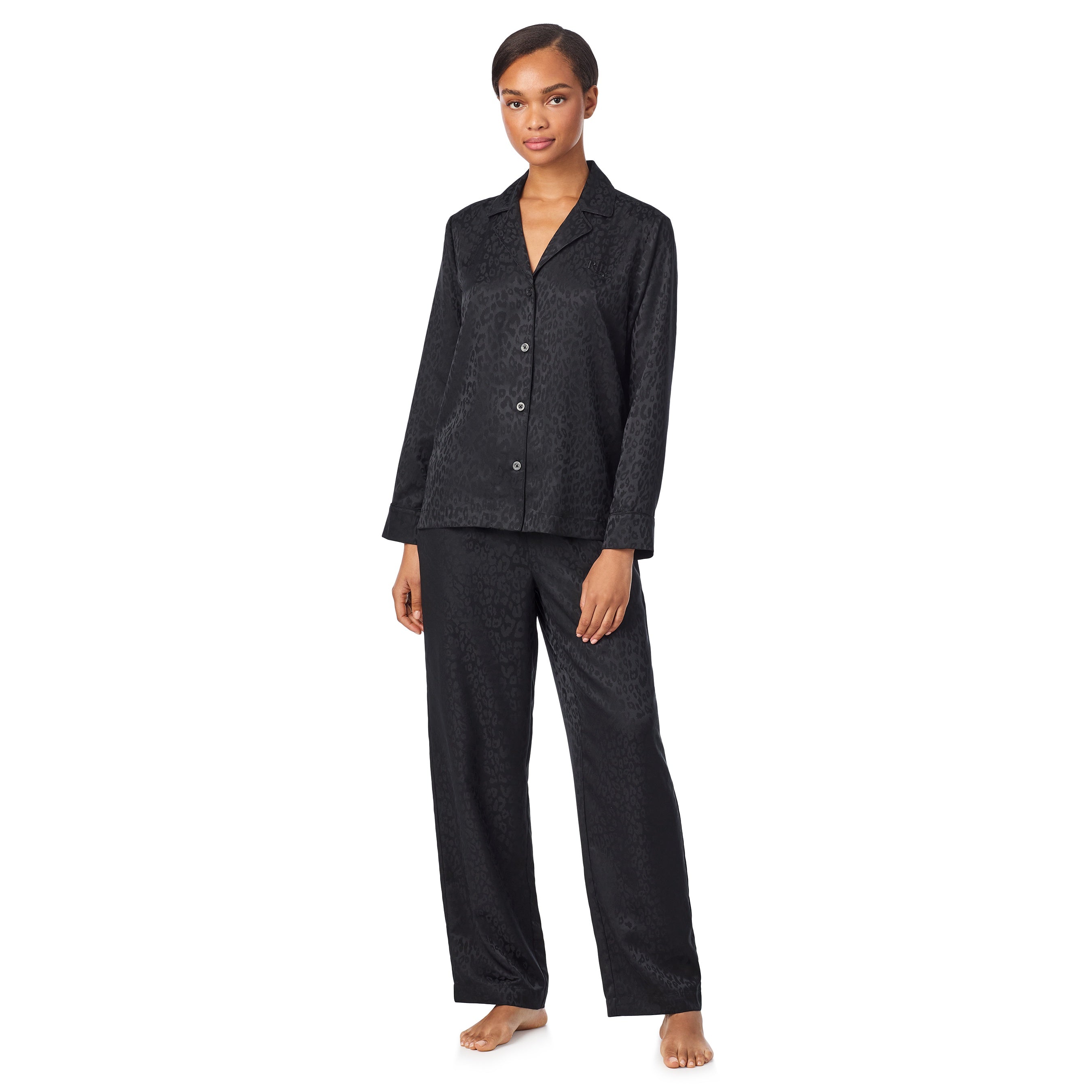 Ralph Lauren | Lauren Notch Collar Long Pyjama Set | Black Leopard