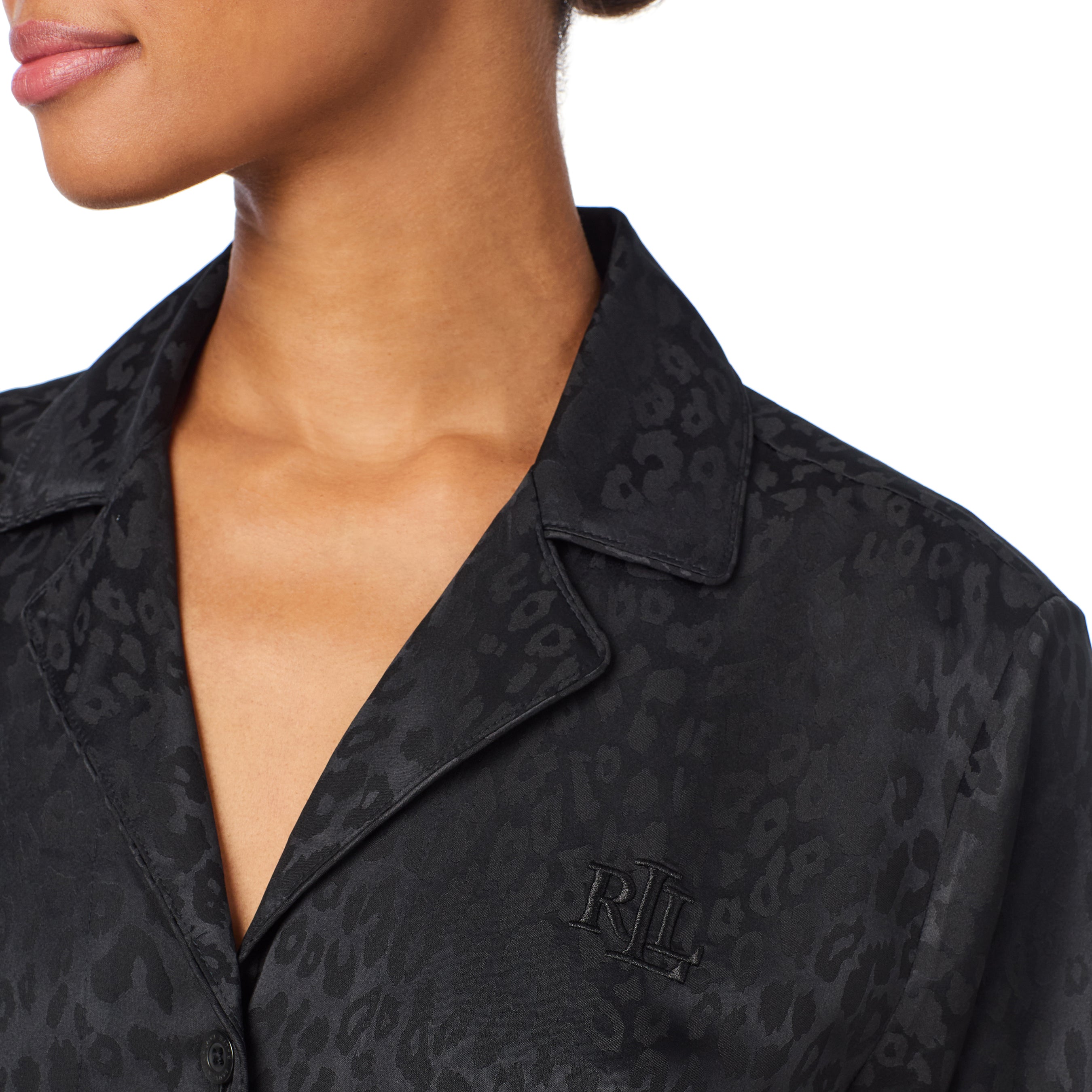 Ralph Lauren | Lauren Notch Collar Long Pyjama Set | Black Leopard