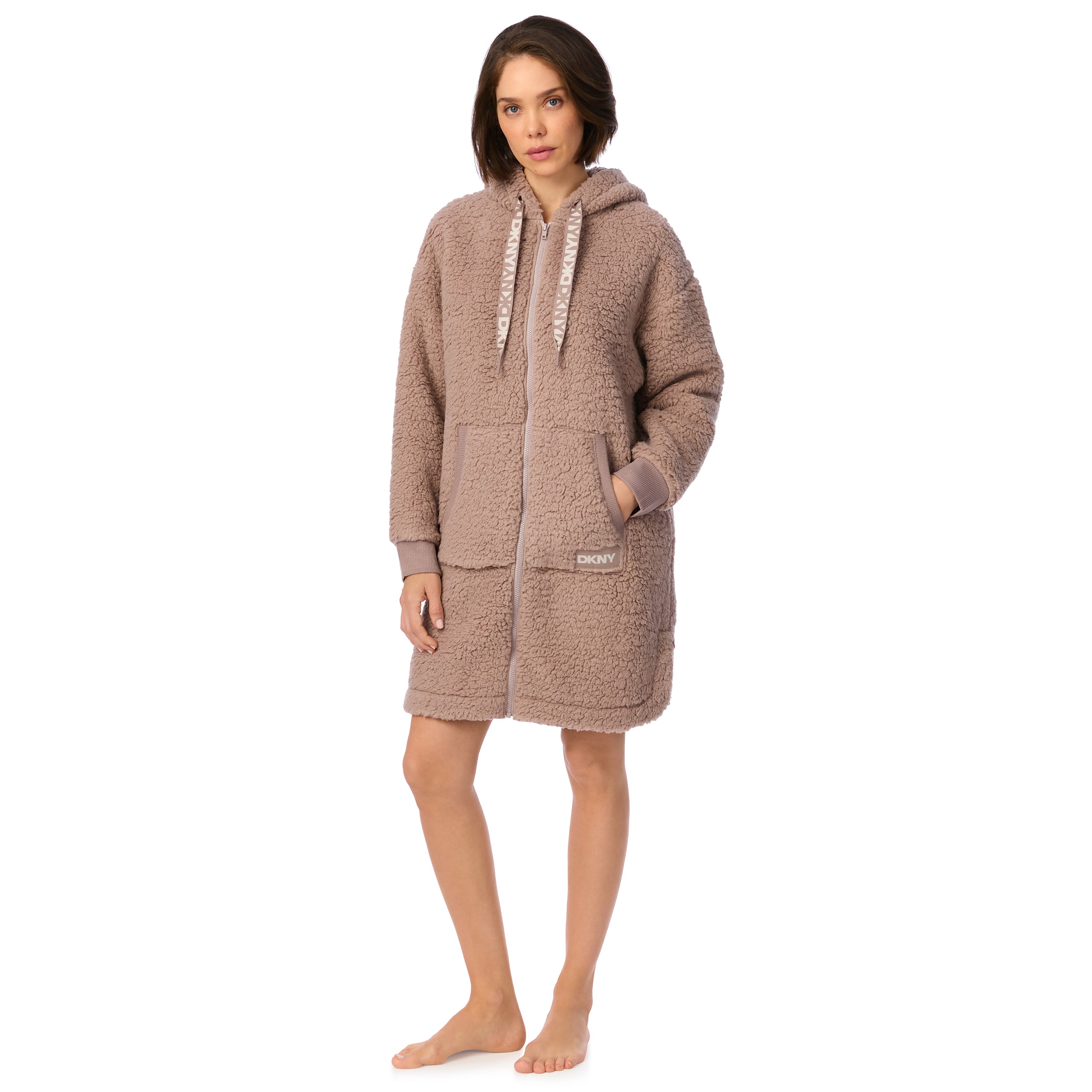 DKNY | Chill As Can Be Hooded Short Zip Robe | Taupe