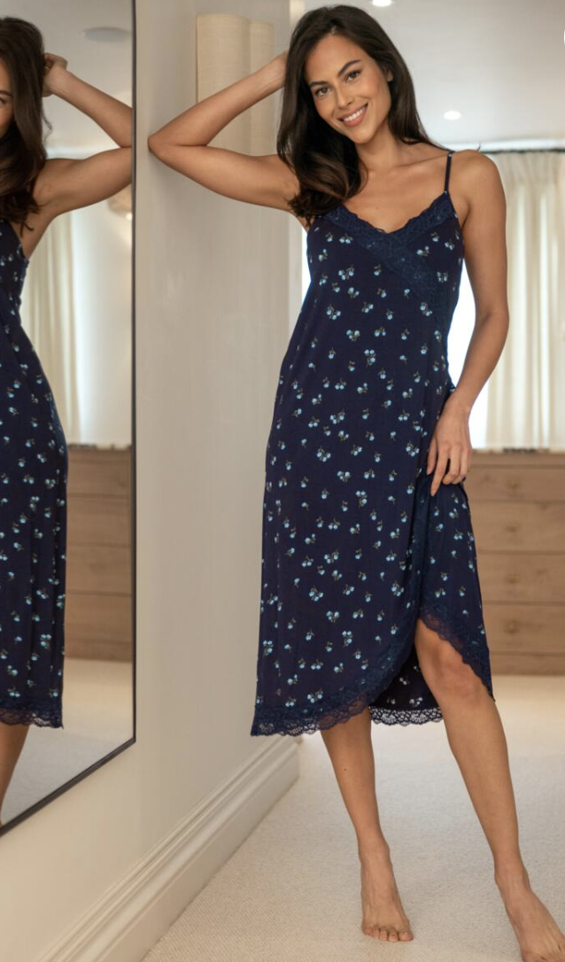 Pour Moi | Sofa Loves Lace Hidden Support Wrap Midi Chemise | Navy/ Blue Floral