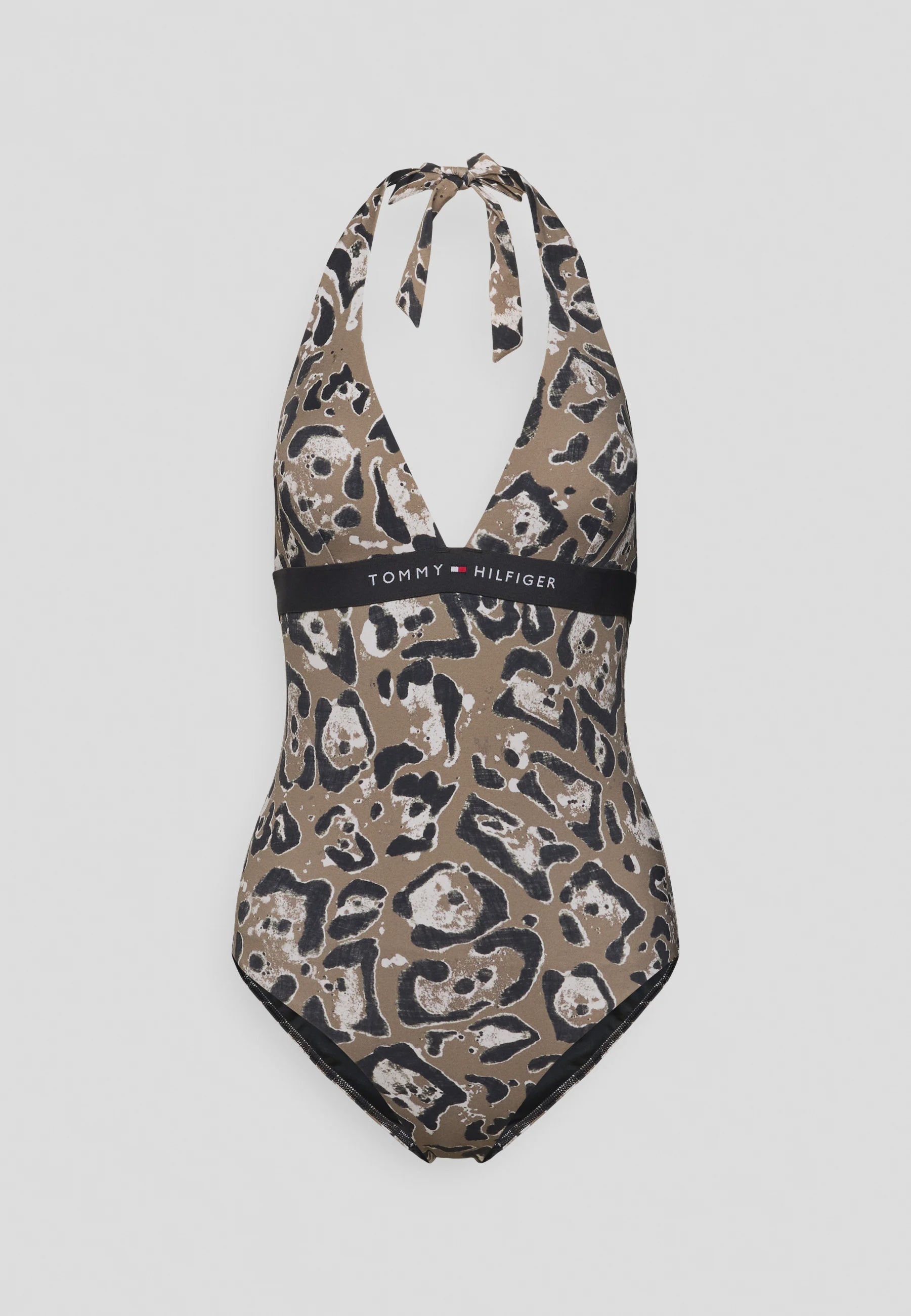 Tommy Hilfiger | Logo Print Halterneck Swimsuit | Leopard Nordic Taupe
