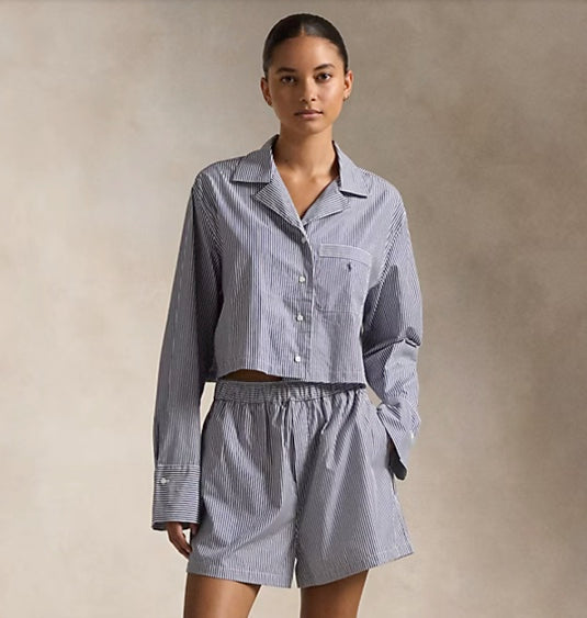 Polo Ralph Lauren | Crop Top & Boxer Poplin Pyjama Set | Navy Stripe