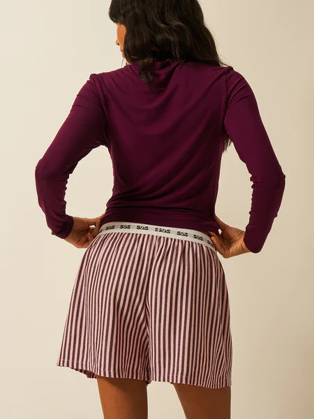 Stripe & Stare | Soft Brushed Woven Pyjama Shorts | Black Cherry