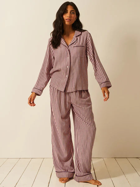 Stripe & Stare | Soft Brushed Woven Pyjama Top | Black Cherry