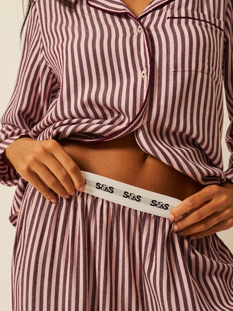 Stripe & Stare | Soft Brushed Woven Pyjama Top | Black Cherry