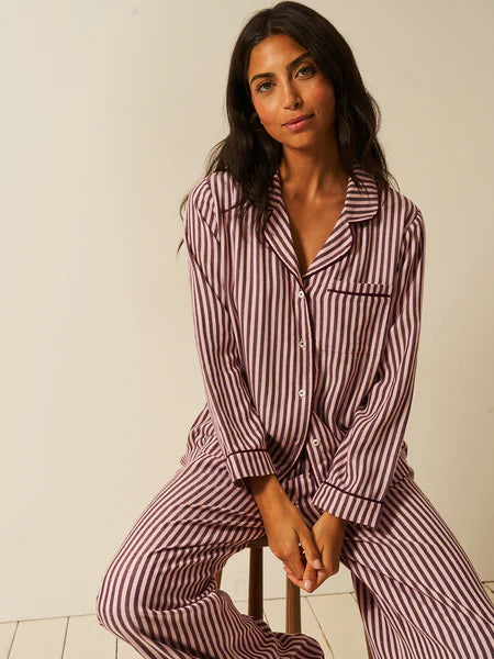 Stripe & Stare | Soft Brushed Woven Pyjama Top | Black Cherry