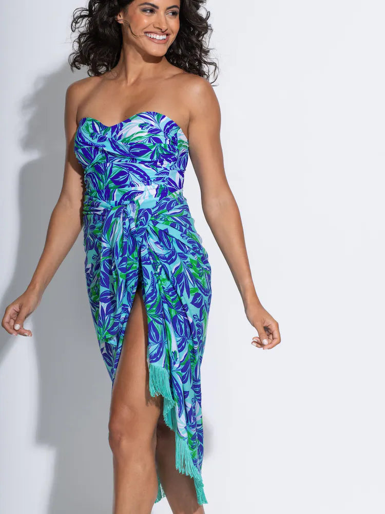 Pour Moi | Fringe Trim Crinkle Multiway Sarong | Aqua Palm