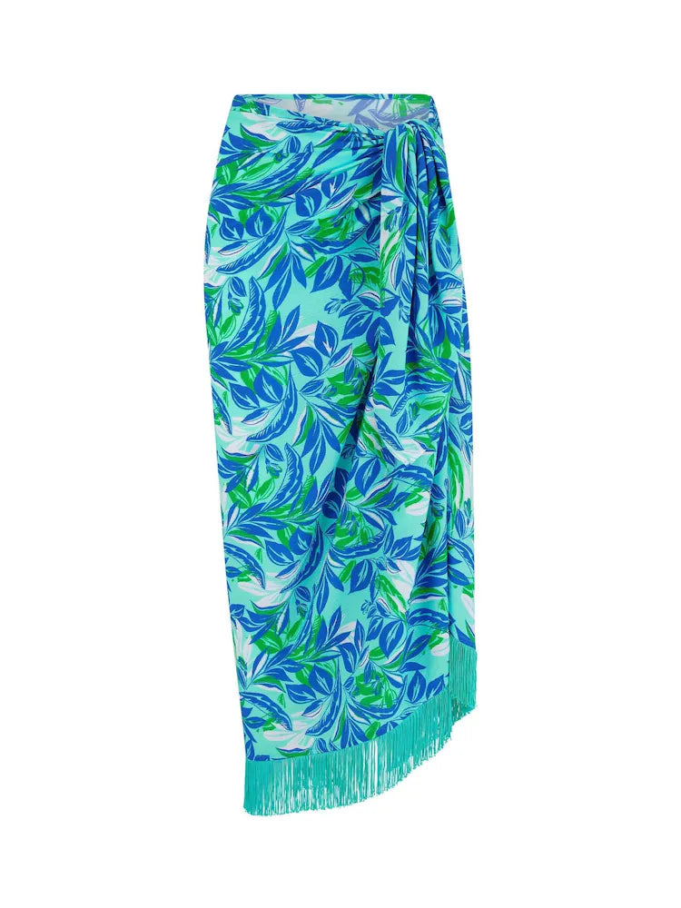 Pour Moi | Fringe Trim Crinkle Multiway Sarong | Aqua Palm