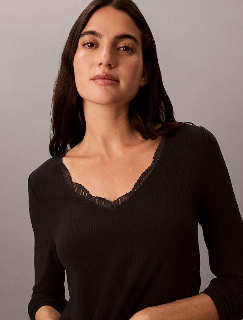Calvin Klein | Modal Rib With Lace LS Top | Black