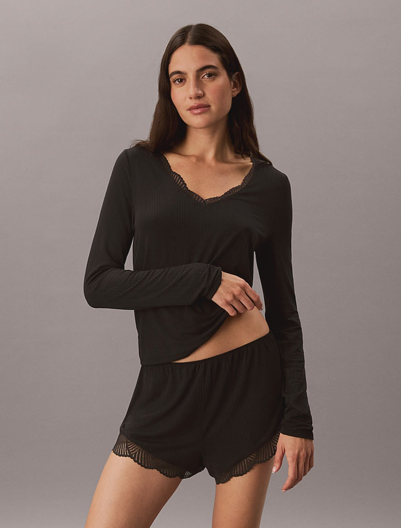 Calvin Klein | Modal Rib With Lace LS Top | Black