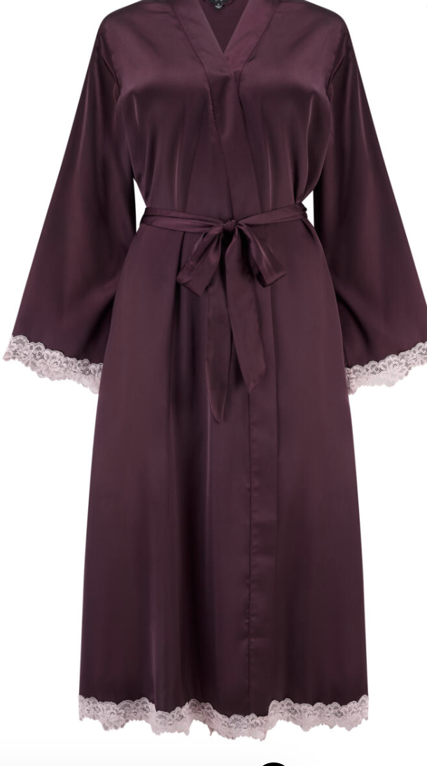 Pour Moi | Dusk Satin and Lace Kimono Sleeve Dressing Gown | Wine