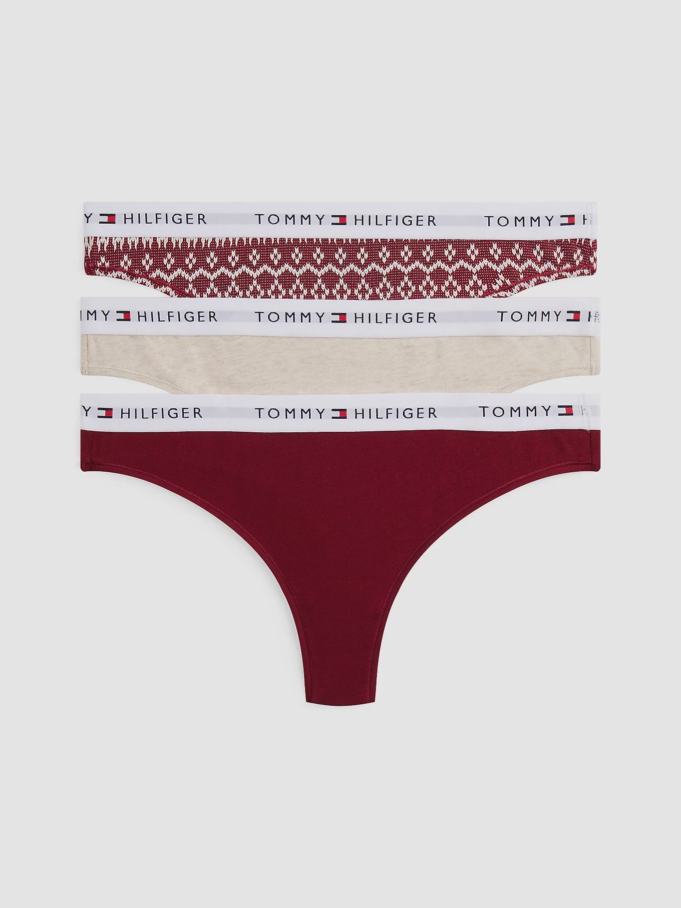 Tommy Hilfiger | Gift 3 Pack Essentials Logo Waistband Thongs | Rouge/ Fairisle/ Ivory