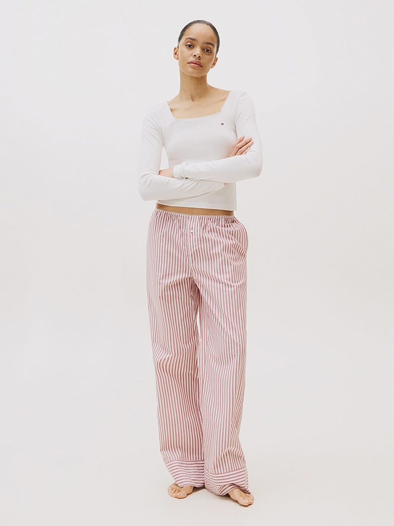 Tommy Hilfiger | Essential Pointelle Poplin Long Pyjama Set | Ecru/ Prim Red