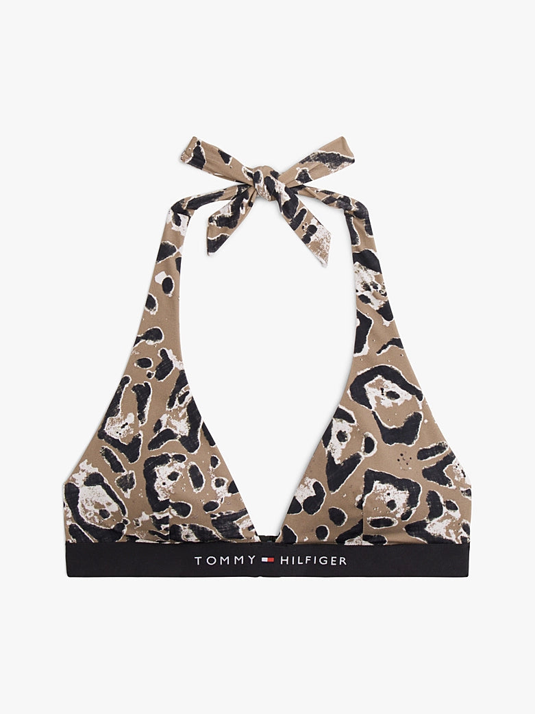 Tommy Hilfiger | Logo Print Halterneck Bikini Top | Leopard Nordic Taupe