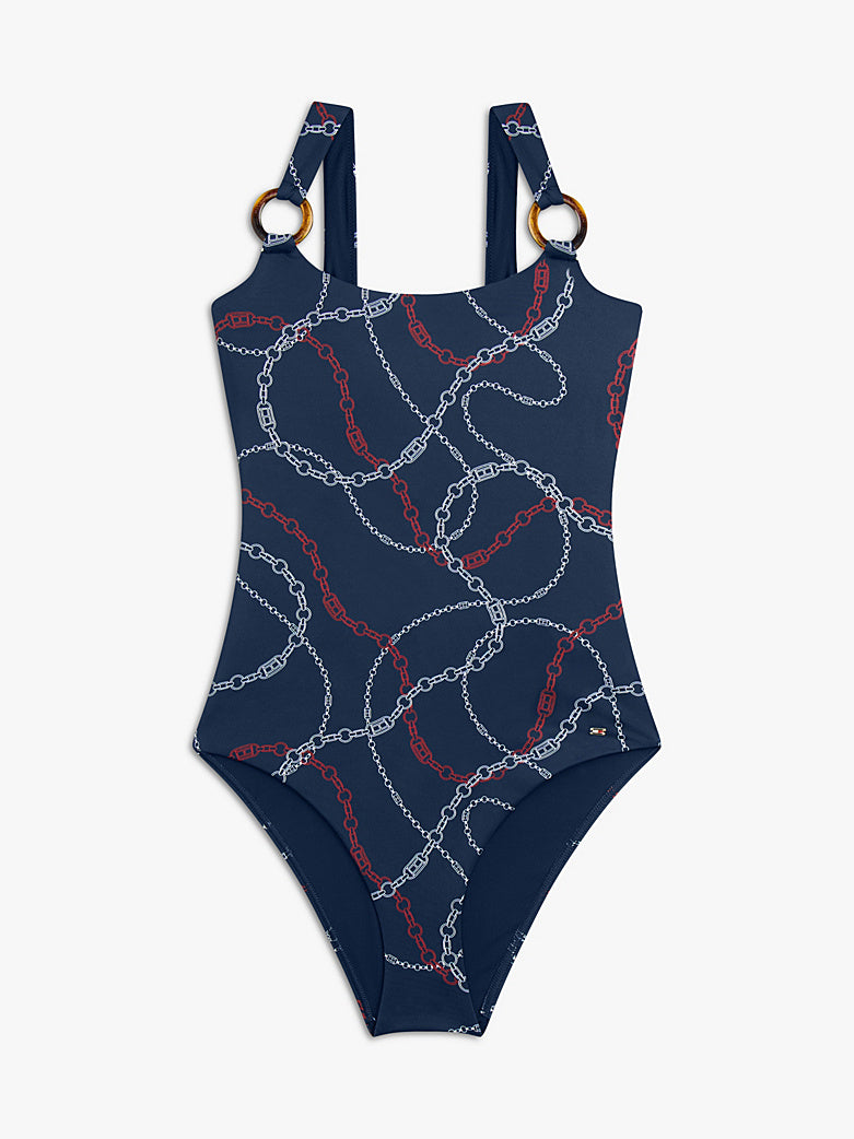 Tommy Hilfiger | Print Scoop Back Swimsuit | Chain Rope Navy