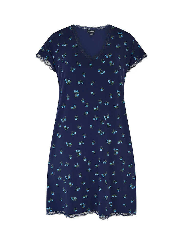 Pour Moi | Sofa Loves Lace T-Shirt Hidden Support Chemise | Navy/ Blue Floral