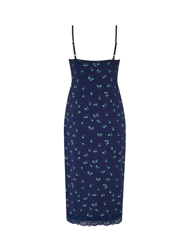 Pour Moi | Sofa Loves Lace Hidden Support Wrap Midi Chemise | Navy/ Blue Floral