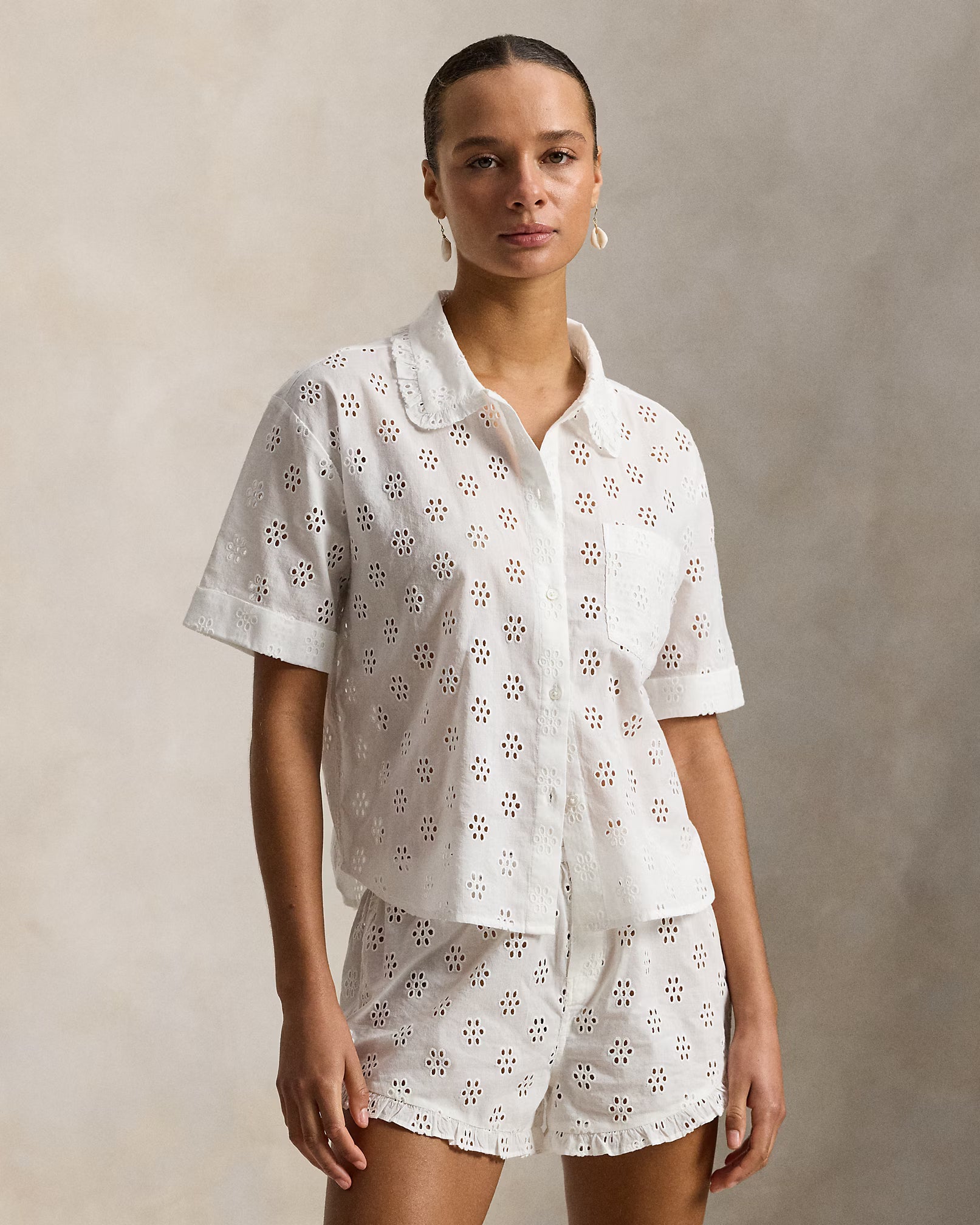 Polo Ralph Lauren | Cotton Eyelet Short Pyjama Set | White Cloud
